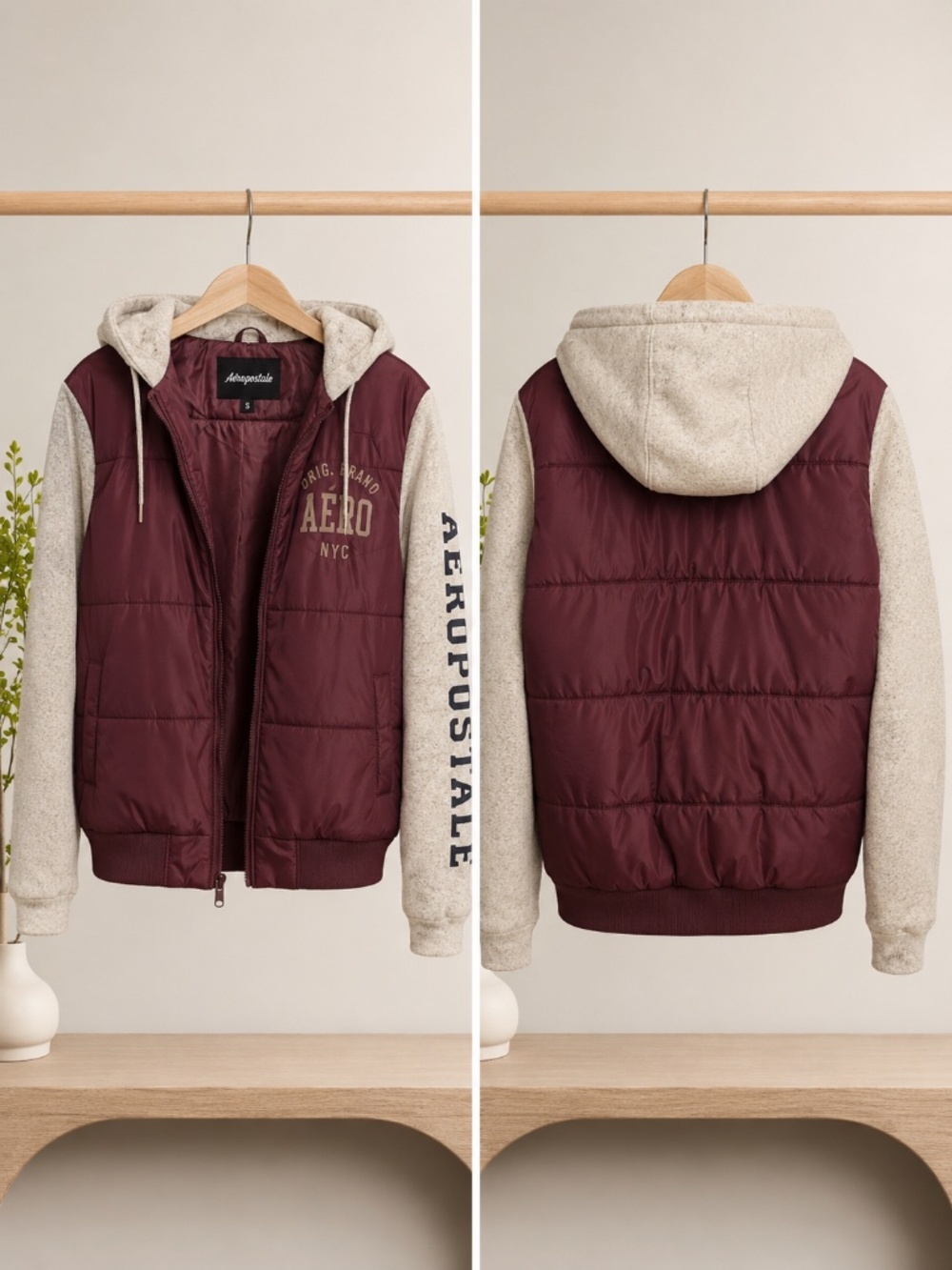Aeropostale Hooded Puffer Jacket Men's Small Burgundy Cream Full Zip Warm Coat
